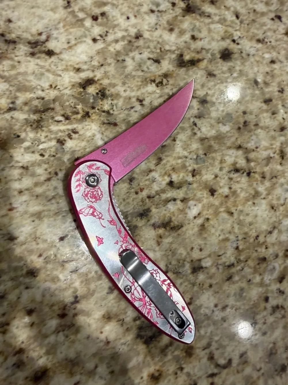 Falcon Pink Silver Floral Butterfly Aluminum Handle Folding Pocketknife